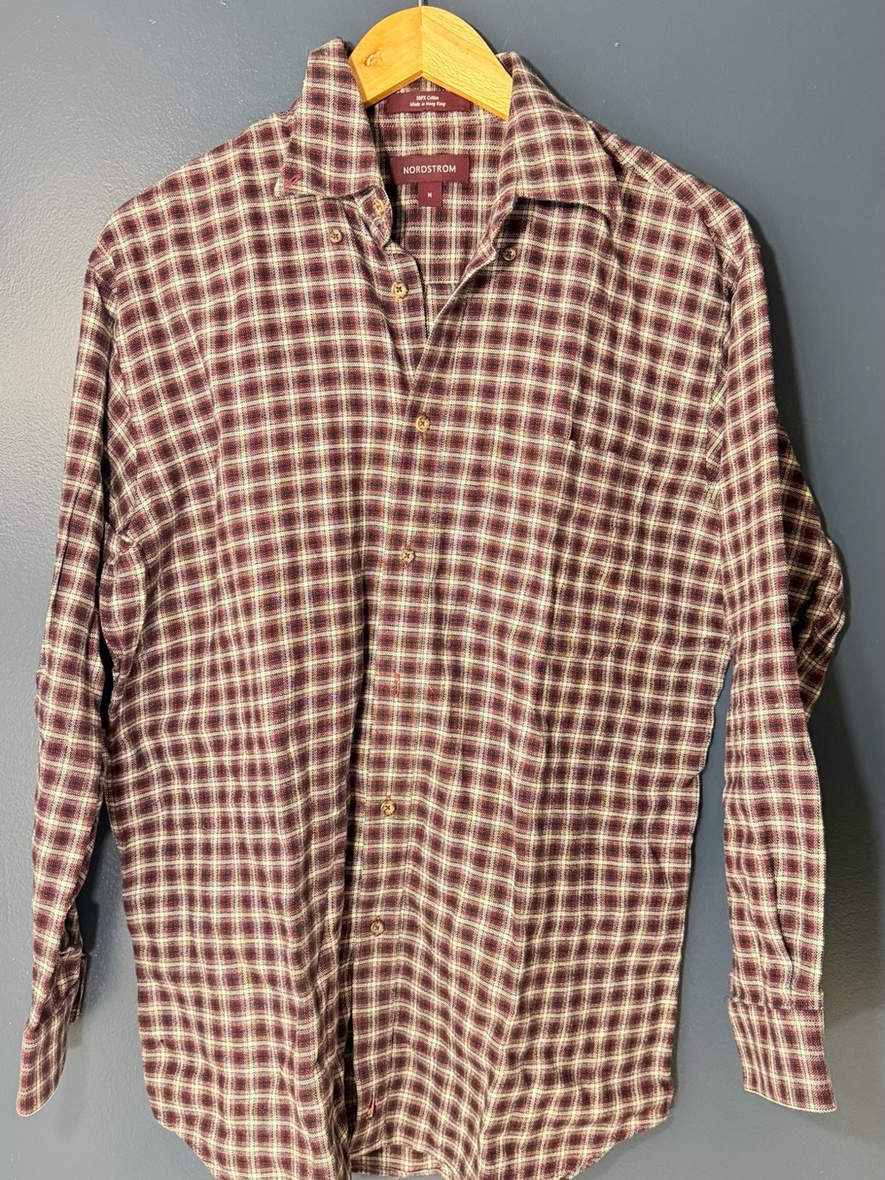 Nordstrom Men's Burgundy and White Plaid Button-Down Shirt